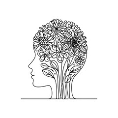 Head blooming with flowers line art — minimalist vector illustration symbolizing creative mind, growth, and imagination in black and white 
