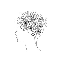 Head blooming with flowers line art — minimalist vector illustration symbolizing creative mind, growth, and imagination in black and white 

