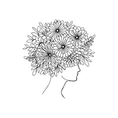 Head blooming with flowers line art — minimalist vector illustration symbolizing creative mind, growth, and imagination in black and white 
