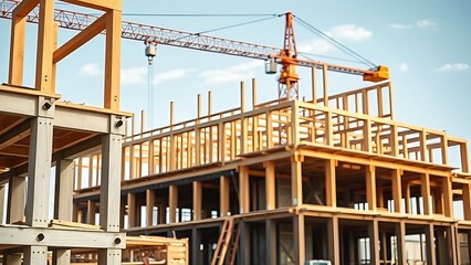 formwork. Construction site with crane and formwork frames, industrial setting in natural daylight. safety posters, maintenance manuals, designed for industrial assembly lines and welding operations.