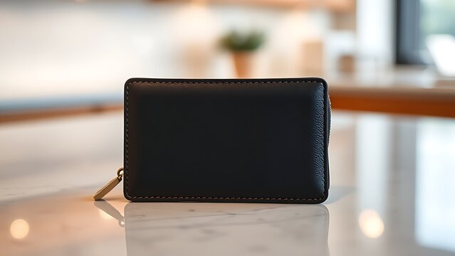 cardholder. Close-up of a stylish wallet on a simple countertop with warm ambient lighting. lifestyle magazines, social media lookbooks, designed for influencer and brand collaborations.