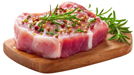 Appetizing Pork Loin: A fresh, uncooked pork loin chop rests enticingly atop a wooden board, garnished with rosemary and seasonings, inviting culinary exploration.