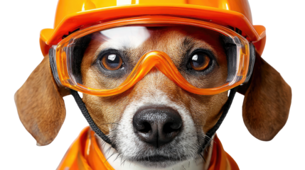 Canine Engineer: A dog sports a construction helmet and safety goggles, embodying a humorous blend of construction and canine charm, showcasing an unexpected and comical image.