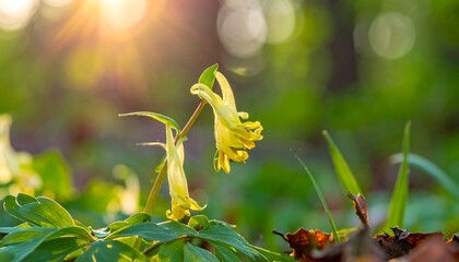 Close-up of Yellow Corydalis Flowers in a Forest Setting.