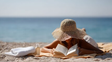 A woman lying face down on a sandy beach, positioned slightly to the right side of the frame, resting on a beige towel with a folded white towel under her head