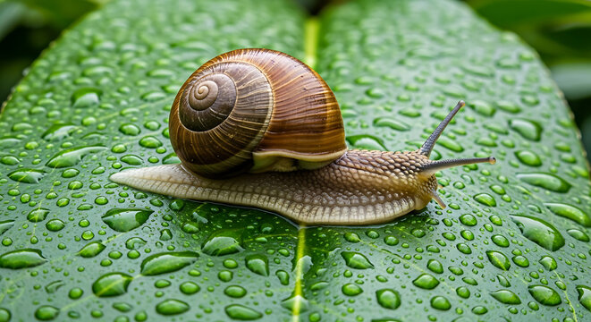 Close-up of a glossy snail crossing a rain-speckled green leaf, sunlight highlighting spiraled shell