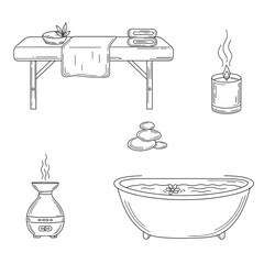 Elegant spa line art illustration featuring massage table, candle, bathtub, diffuser, and hot stones with calm, delicate, and serene aesthetic