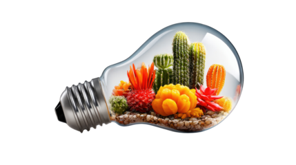 Eco-Consciousness Illuminated: Inside a translucent light bulb, a thriving miniature garden of cacti and succulents flourishes, symbolizing the fusion of innovation and environmental responsibility.