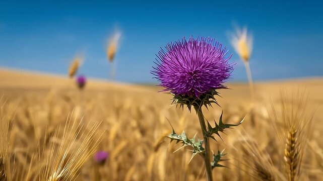 Purple Milk Thistle in Golden Wheat Field on a Sunny Day