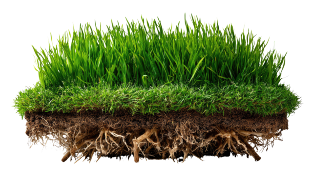 Lush Green Turf: An isolated patch of vibrant green turf showcases a cross-section revealing a network of roots, representing growth and the foundations of nature.
