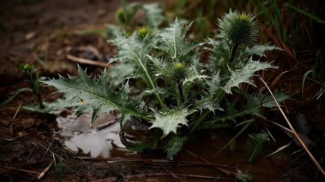 Close up of Milk Thistle plant Silybum Marianum in wet muddy soil