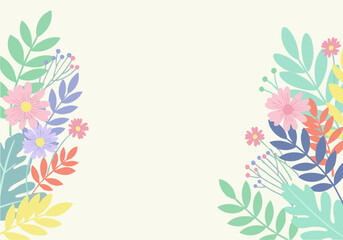 Pastel floral arrangement featuring colorful flowers and leaves against a cream background.