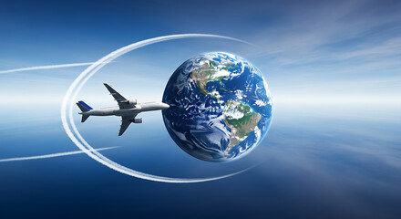 Fototapeta premium Jet glides past Earth in a luminous arc, globe glowing, symbolizing global travel across skies wide