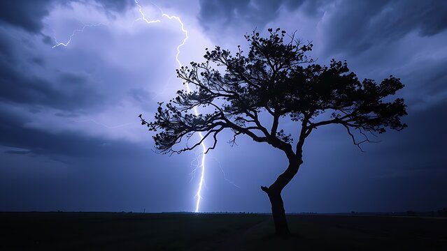 superego. A lone tree bent by strong winds during a stormy night with dramatic lighting. ESG reports, sustainability campaigns, designed for sustainability communications and ESG reporting.
