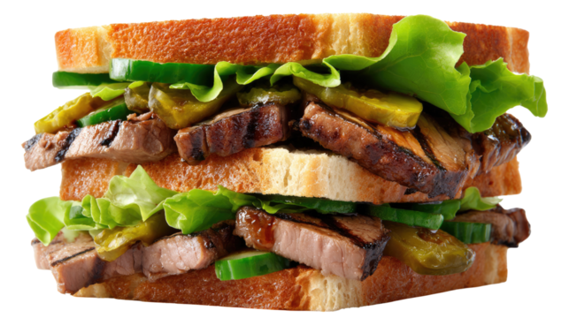 Delicious Sandwich: a tempting double-decker sandwich features tender, grilled meat layered with fresh vegetables, all nestled between slices of golden toasted bread.