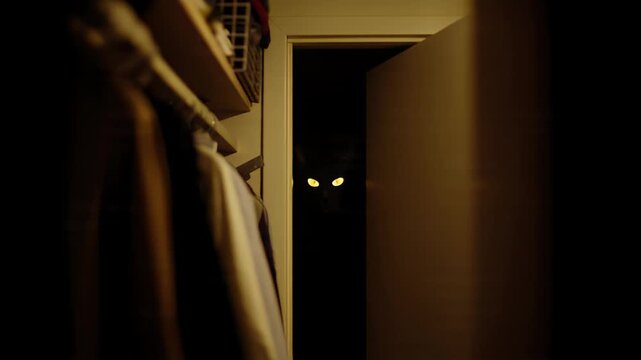 A Scary Cat with Glowing Eyes Peeking Out of a Dark Closet at Night