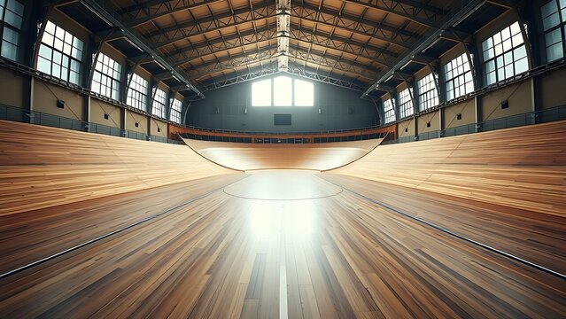 velodrome. Vast empty indoor velodrome with wooden track receding into the distance. event key visuals, club posters, designed for sports event promotions and stadium branding.