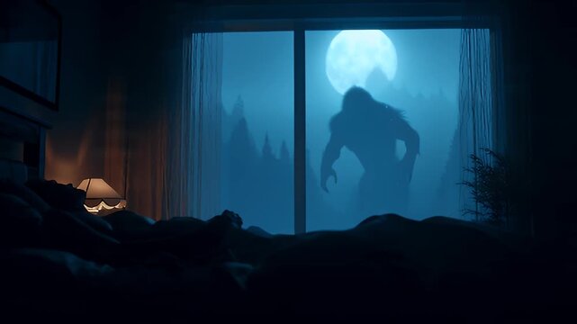 Monster silhouette outside a scary bedroom window. 4K Video