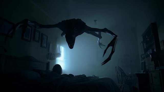 Terrifying Creature Lurks Above Person Sleeping in Dark Bedroom