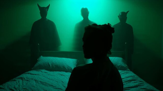 Scary bedroom with demonic silhouettes and green light. 4K Video