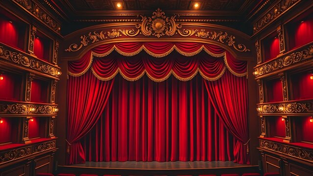 presto. Opulent opera house box with red velvet curtains and golden decorative details. real-estate listings, architecture portfolios, designed for interior renovation comparisons for interiors.