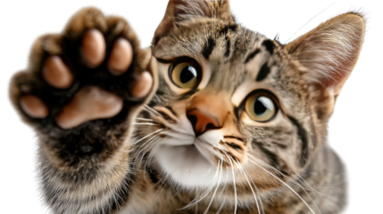 Curious Cat's Paw: A close-up shot of an adorable domestic cat extends its paw forward, its eyes wide with intrigue and its whiskers twitching with playful anticipation.