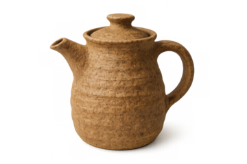 Handmade rustic clay teapot with lid, earthy brown ceramic pottery for preparing hot drinks, transparent background