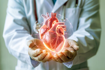 Doctor Holding Digital Human Heart Hologram Medical Innovation and Cardiology Concept