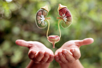Human Kidney Anatomy Floating Above Hands Concept of Health Care and Organ Protection