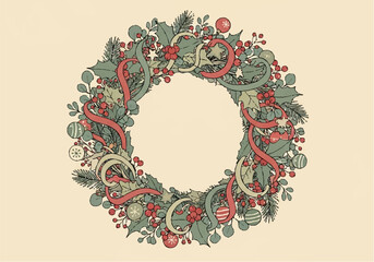 Festive Christmas wreath illustration with holly, berries, ornaments, and ribbons on a light background.