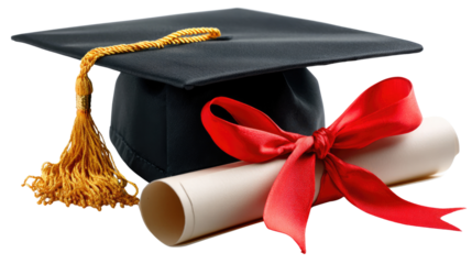 Graduation: A Symbolic Triumph: A graduation cap and diploma, elegantly bound with a vibrant red ribbon, represent the culmination of academic dedication and achievement.