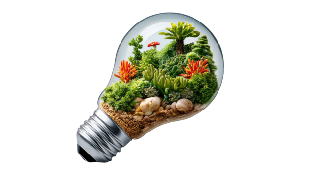 Eco-Innovation in Light: A conceptual image showcases a vibrant ecosystem thriving within a lightbulb, symbolizing the fusion of nature and innovation. it offers a compelling visual metaphor