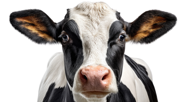 Curious Gaze: A close-up portrait of a dairy cow with a distinctive black and white coat, its inquisitive eyes conveying a sense of gentle curiosity and rural charm.