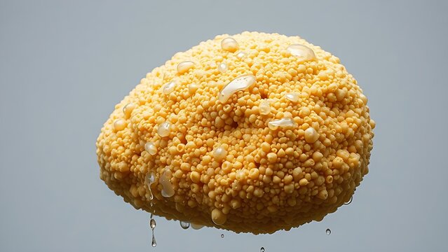 fishfinder. A heavy natural sea sponge saturated with water, drooping under its weight on a neutral background. wildlife magazines.