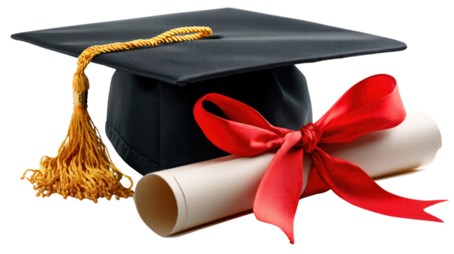 Graduation: A Symbolic Triumph: A graduation cap and diploma, elegantly bound with a vibrant red ribbon, represent the culmination of academic dedication and achievement. - Powered by Adobe