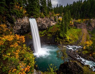 Cascading waterfall plunges into turquoise pool surrounded by vibrant autumn foliage, trees