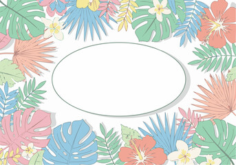 Obraz premium Tropical floral frame with pastel-colored leaves and flowers surrounding an oval white space for text or image placement.