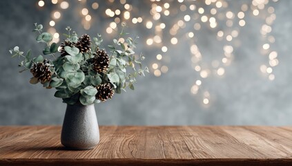 A muted gray vase holding eucalyptus and pinecones sits on a wooden table in front of a bokeh background of warm lights
