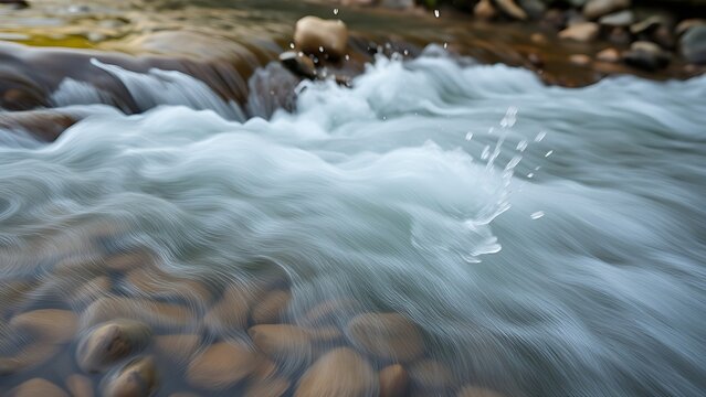 makemake. Rushing stream over smooth pebbles with splashing water in morning light. travel magazines, destination branding, designed for travel destination branding, inspires travel planning.