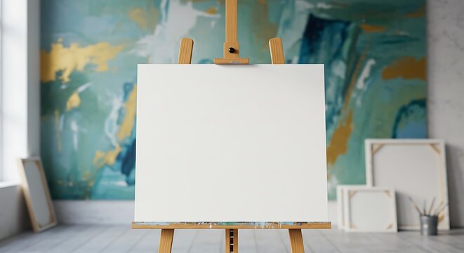 A blank canvas on a wooden easel stands in front of an abstract painting in a bright artistic studio - Powered by Adobe