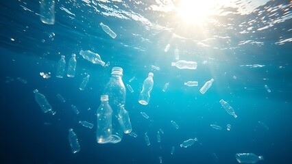microplastics. Plastic bottles and microplastics floating in ocean waters, marine pollution concept. ESG reports, sustainability campaigns, designed for environmental awareness campaigns.