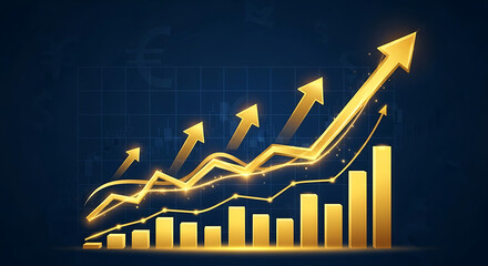 Gold stylized chart with rising bars and arrows on a deep blue finance background, vibrant and bold