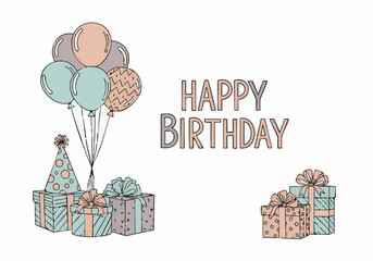 A hand-drawn birthday card illustration with balloons, presents, and a party hat, featuring the text "Happy Birthday" in a playful font.