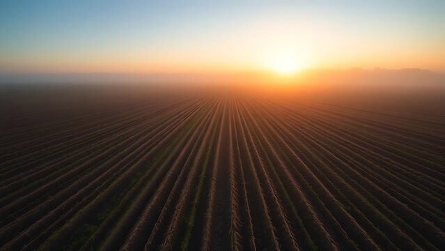 sedition. Early morning farmland with straight furrows under misty golden light. travel magazines, destination branding, designed for travel destination branding, used by ngo communicators.