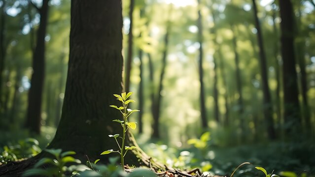 followership. A young sapling grows beside a mature tree in a sun-dappled forest, symbolizing the cycle of life. ESG reports, sustainability campaigns, designed for environmental awareness campaigns.