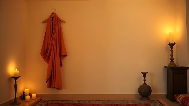ashram. An Indian ashram room with an orange robe on the wall, lit by candlelight. event programs, museum guides, designed for cultural heritage projects and event programs.