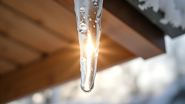 hestia. Close-up of large clear icicle hanging from roof edge in winter light. travel magazines, destination branding, designed for travel destination branding, used by web designers.