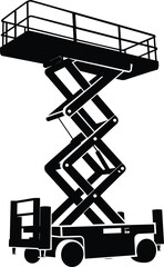 Silhouette of extended scissor lift with safety rails and wheels for industrial, construction, warehouse, and maintenance vector illustration use