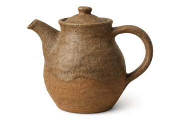 Earthenware teapot with lid and handle, pour spout, rustic brown ceramic pottery, traditional beverage serving