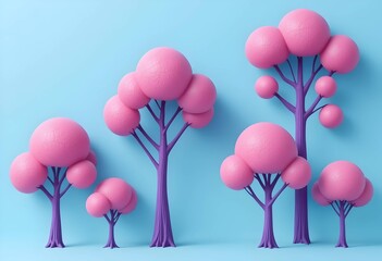 pastel 3d stylized pink bubble trees with purple trunks on light blue background. whimsical cute minimalist illustration
